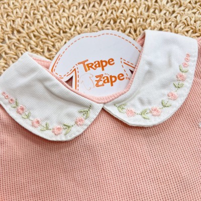  Macacão Tricotil Verão (Tricot 100% Algodão) com Gola Bordada - Florzinhas Rose